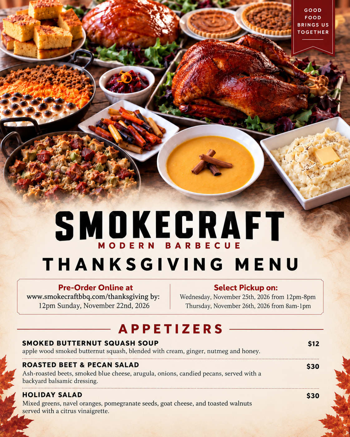 Smokecraft Thanksgiving 2026 menu: appetizers, pre-order deadline November 22 at noon, and pickup November 25–26 in Arlington, VA.
