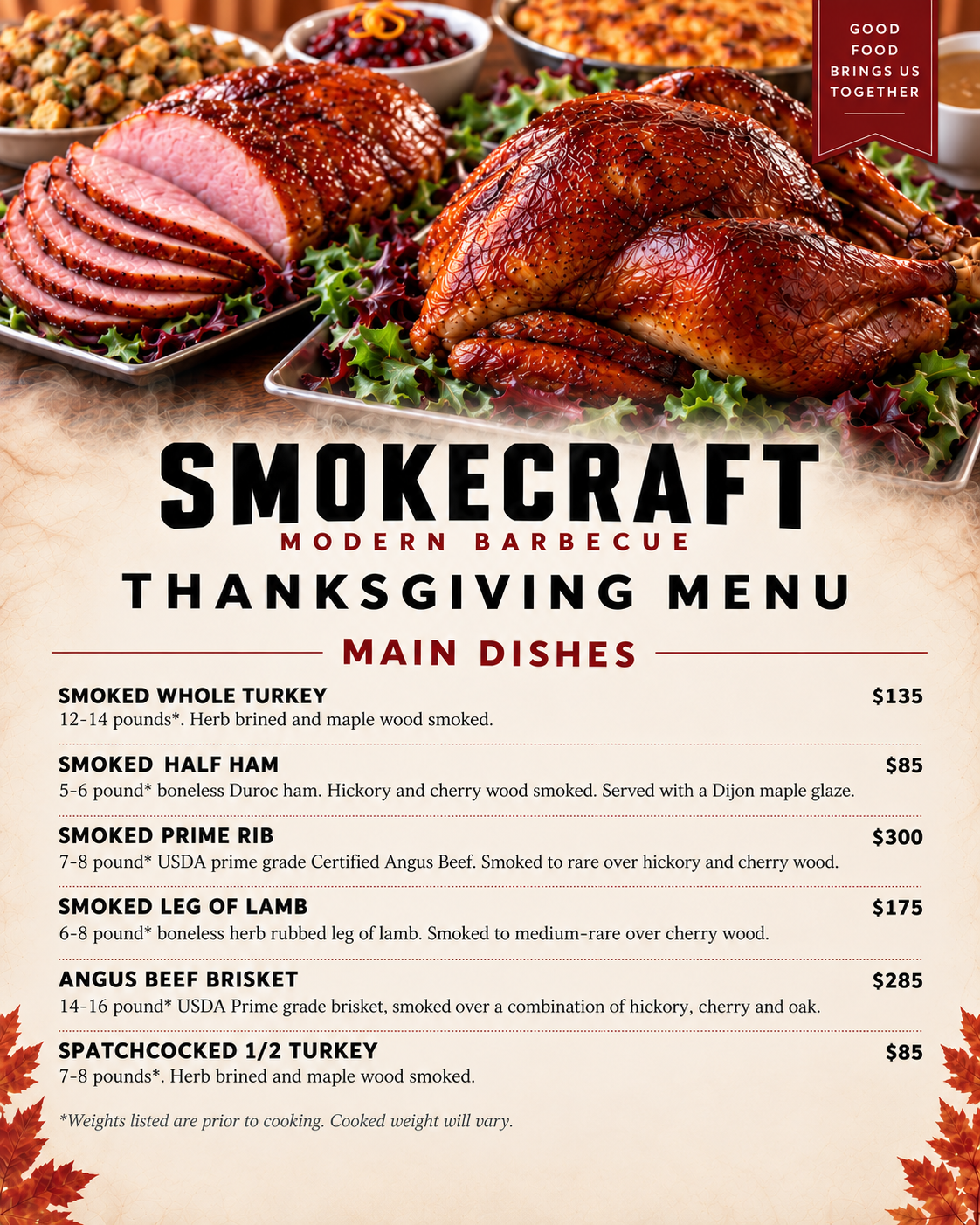 Smokecraft Thanksgiving 2026 main dishes: smoked whole turkey, half ham, prime rib, leg of lamb, Angus beef brisket, and half turkey with prices.