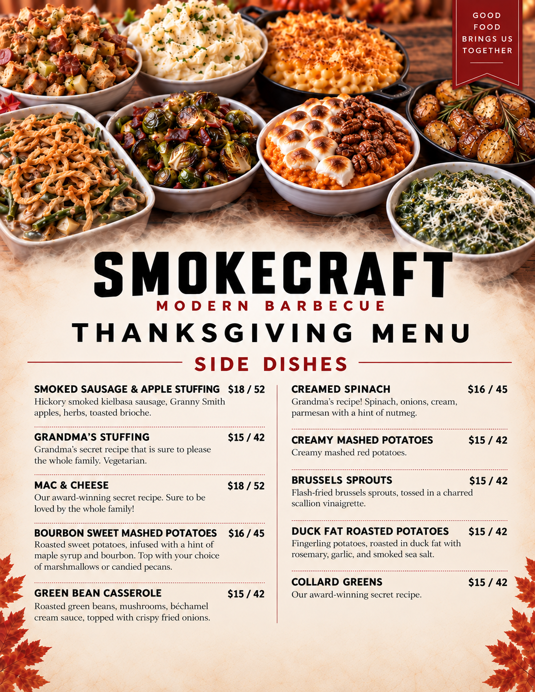 Smokecraft Thanksgiving 2026 side dishes menu with stuffing, mac and cheese, sweet and mashed potatoes, green bean casserole, spinach, Brussels sprouts, roasted potatoes, and collard greens.