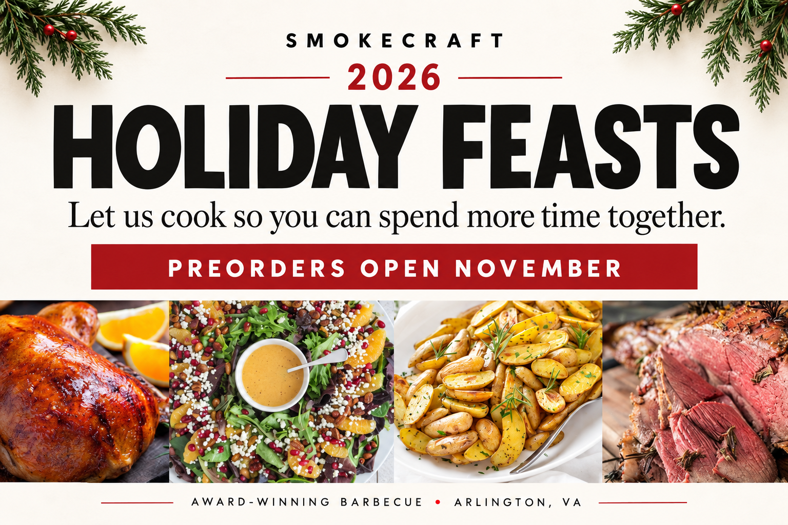 Smokecraft Holiday Feasts 2026 — preorders open November, with smoked turkey, roast beef, holiday salad, and potatoes