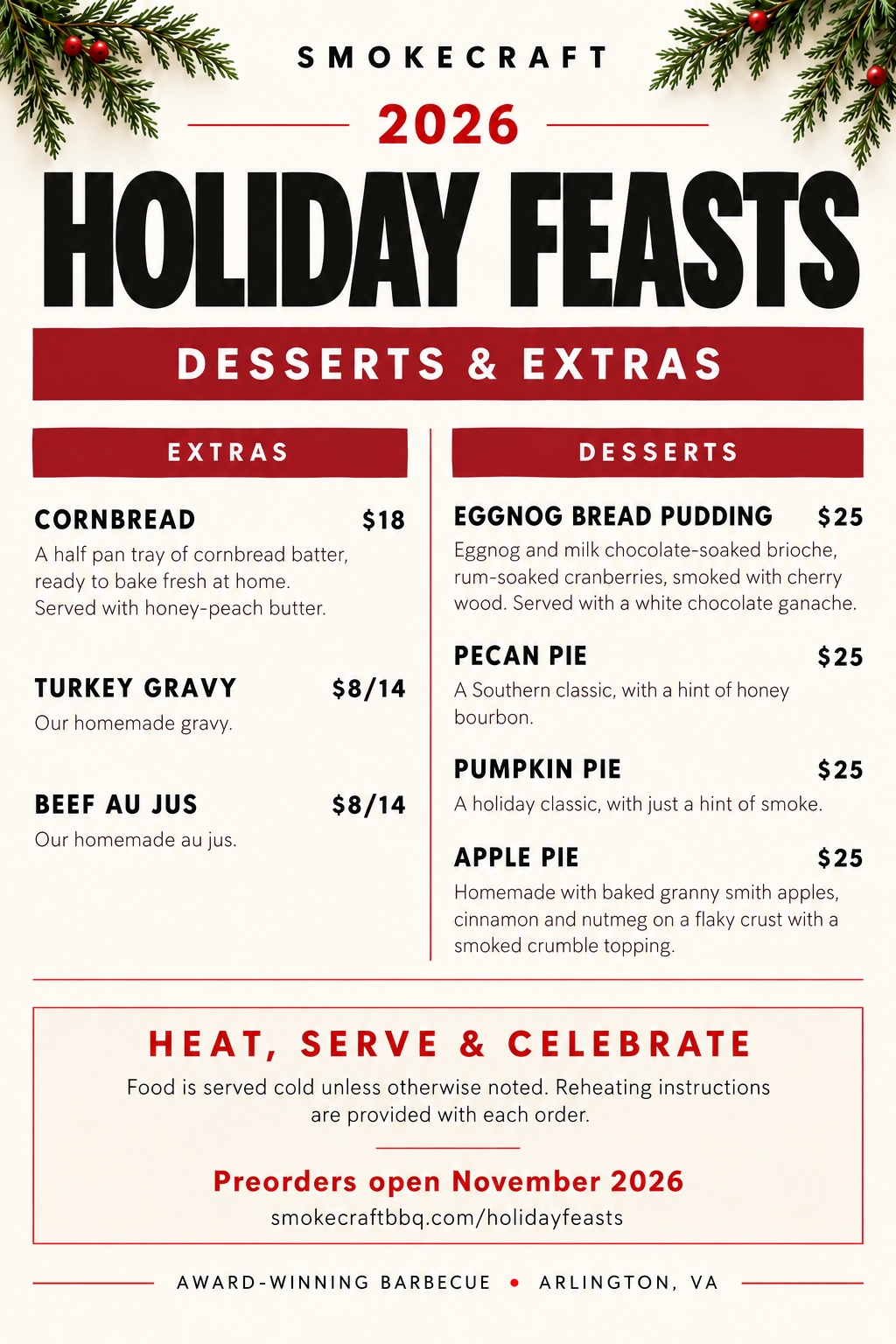 Smokecraft Holiday Feasts 2026 desserts and extras menu, including pies, eggnog bread pudding, cornbread, and gravy.