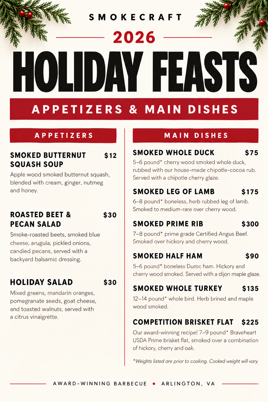 Smokecraft Holiday Feasts 2026 appetizers and smoked meats menu; preorders open November 2026.